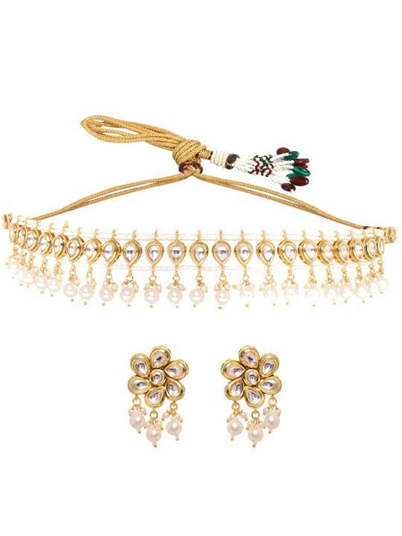 Women Gold Plated Kundan Studded Pearl Beaded Handcrafted Choker Jewellery Set VitansEthnics