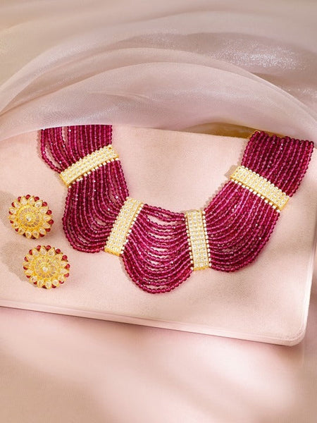 Women Gold Plated Ruby Pink Beaded & Cubic Zirconia Multi Strand Choker Jewellery Set VitansEthnics