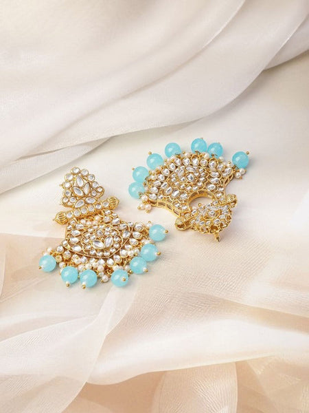 Women Gold-Plated Kundan Studded Necklace Set with White Pearls & Blue Bead Drops VitansEthnics