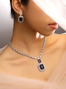 Women Rhodium-Plated Dark Blue Sapphire & White Cubic Zirconia Premium Jewellery Set VitansEthnics