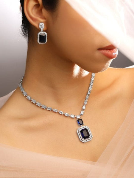 Women Rhodium-Plated Dark Blue Sapphire & White Cubic Zirconia Premium Jewellery Set VitansEthnics