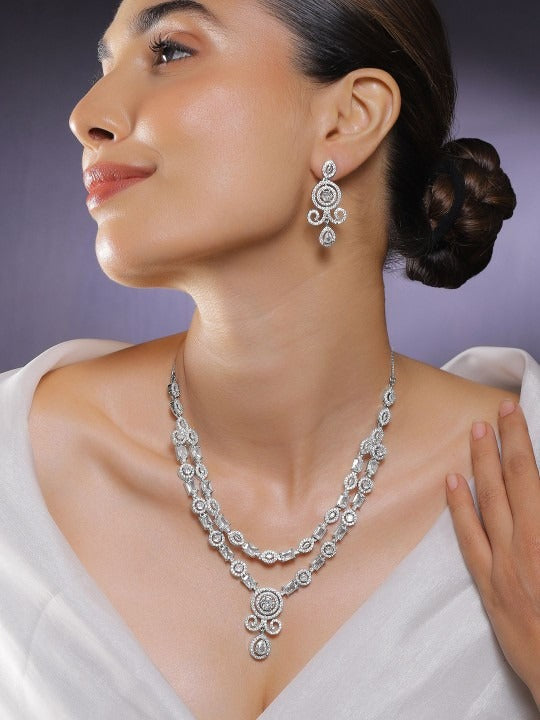 Women Rhodium-Plated Baguette-cut Cubic Zirconia Studded Luxe Double-Layer Necklace Set VitansEthnics
