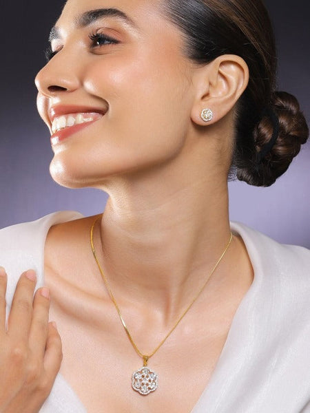 Women Gold-Plated White Cubic Zirconia Floral Pendant Necklace Set VitansEthnics