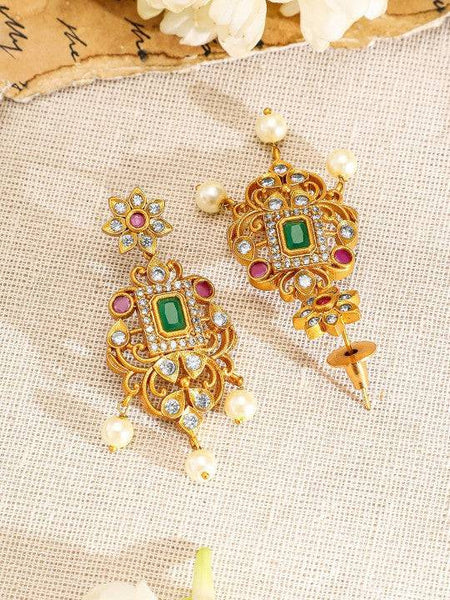 Women Gold Plated Ruby & Emerald Kundan CZ Studded with Gold Beaded Jewellery Set VitansEthnics