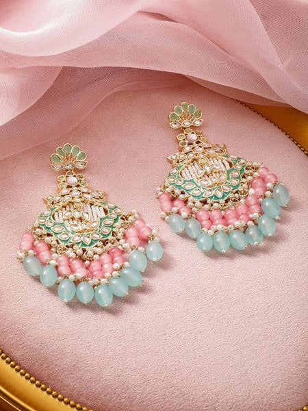 Gold-Plated Kundan & Green Enamel Chandbali Earrings with Pink & Aqua Blue Bead VitansEthnics