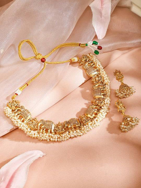 Gold Plated Divine Lakshmi Temple Jewelry Set with White Pearl Beads VitansEthnics