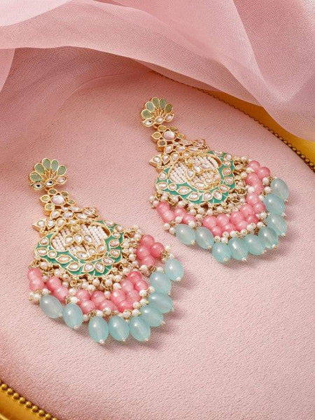 Gold-Plated Kundan & Green Enamel Chandbali Earrings with Pink & Aqua Blue Bead VitansEthnics
