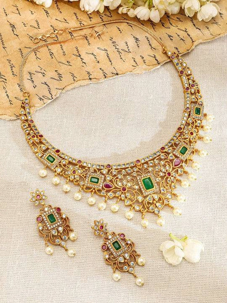 Women Gold Plated Ruby & Emerald Kundan CZ Studded with Gold Beaded Jewellery Set VitansEthnics