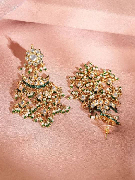 Gold Plated Kundan & Green Beaded Handcrafted Layered Necklace Set with Earrings VitansEthnics