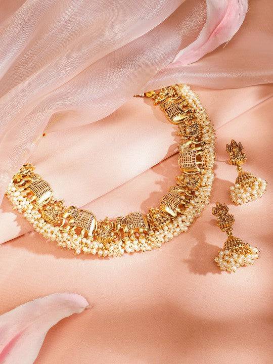Gold Plated Divine Lakshmi Temple Jewelry Set with White Pearl Beads VitansEthnics