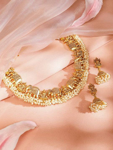 Gold Plated Divine Lakshmi Temple Jewelry Set with White Pearl Beads VitansEthnics