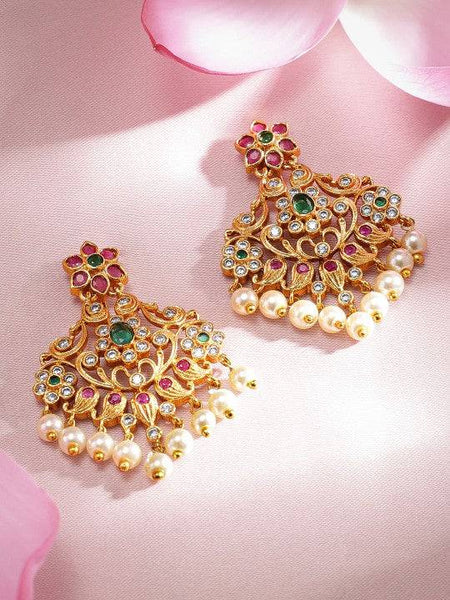 Gold Plated Ruby & Emerald Studded Flower Design Drop Earrings with Pearl Drops VitansEthnics