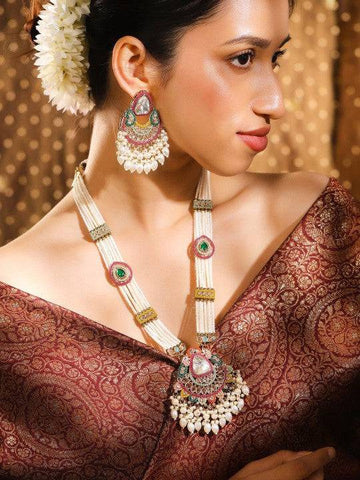 Women Gold-Plated Kundan & Glossy Pearls Beaded Multi-Strand Jewellery Set VitansEthnics