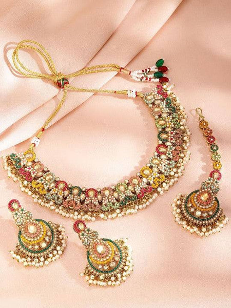 Women Gold-Plated Multicolor Kundan & Pearl Beaded Choker Necklace Set VitansEthnics