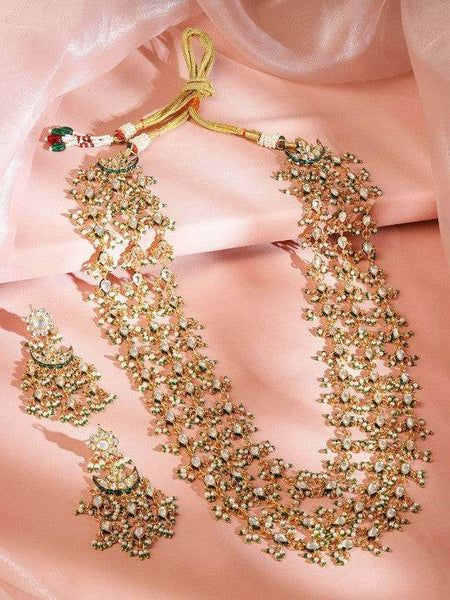 Gold Plated Kundan & Green Beaded Handcrafted Layered Necklace Set with Earrings VitansEthnics
