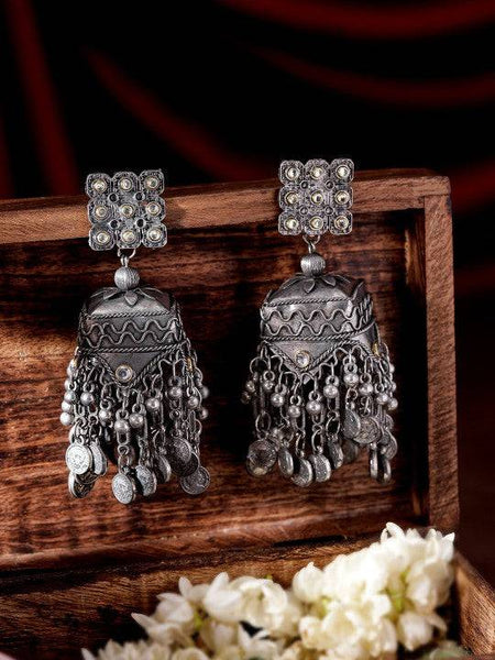Women Oxidised Silver-Plated Antique Black Beaded Dome-Shaped Big Jhumka with Coin Accent VitansEthnics