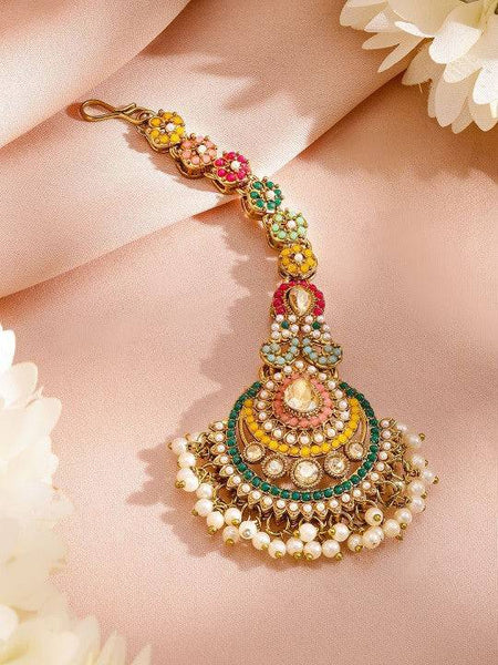 Women Gold-Plated Multicolor Kundan & Pearl Beaded Choker Necklace Set VitansEthnics