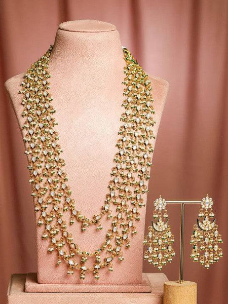 Gold Plated Kundan & Green Beaded Handcrafted Layered Necklace Set with Earrings VitansEthnics