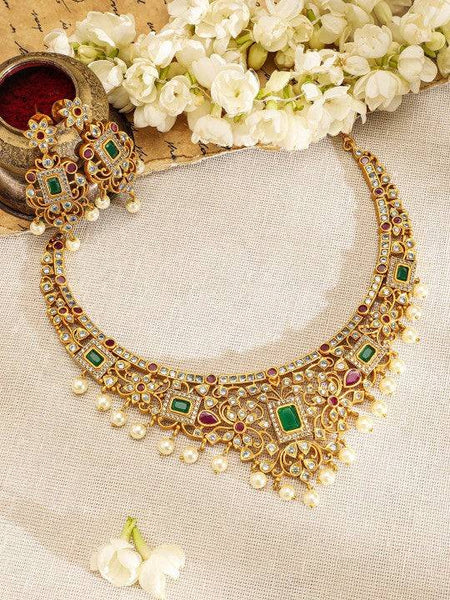 Women Gold Plated Ruby & Emerald Kundan CZ Studded with Gold Beaded Jewellery Set VitansEthnics