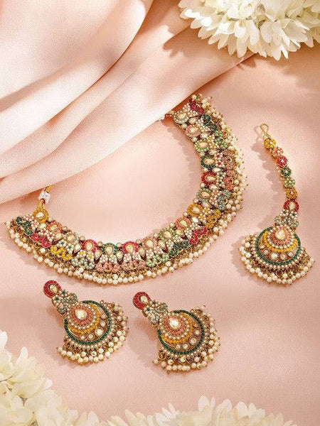 Women Gold-Plated Multicolor Kundan & Pearl Beaded Choker Necklace Set VitansEthnics