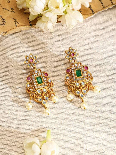 Women Gold Plated Ruby & Emerald Kundan CZ Studded with Gold Beaded Jewellery Set VitansEthnics