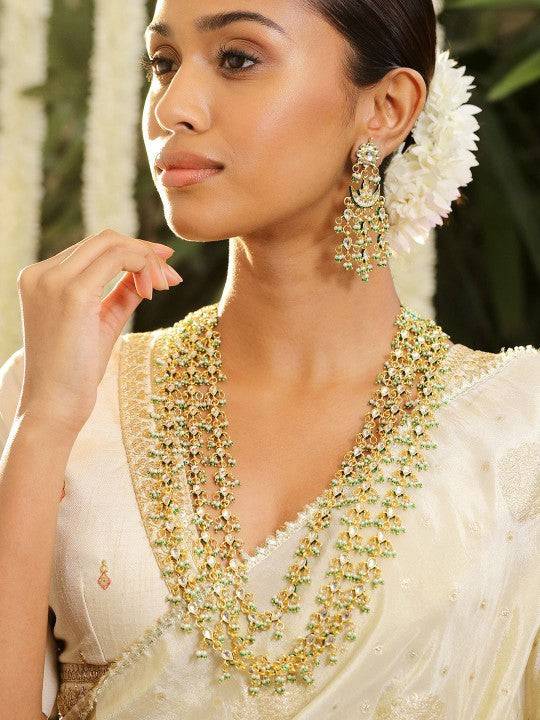 Gold Plated Kundan & Green Beaded Handcrafted Layered Necklace Set with Earrings VitansEthnics