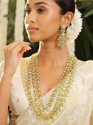 Gold Plated Kundan & Green Beaded Handcrafted Layered Necklace Set with Earrings VitansEthnics