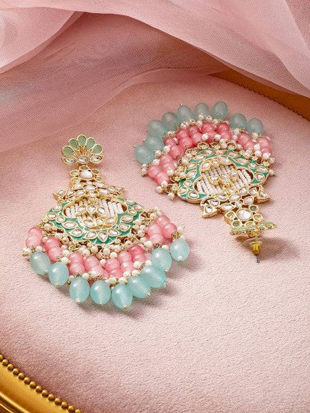 Gold-Plated Kundan & Green Enamel Chandbali Earrings with Pink & Aqua Blue Bead VitansEthnics