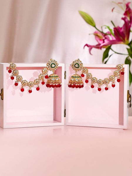 Gold-Plated Kundan Kan Chain Earrings with Red Beads & Green Enamel Detailing VitansEthnics