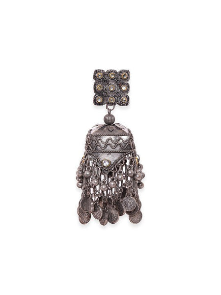 Women Oxidised Silver-Plated Antique Black Beaded Dome-Shaped Big Jhumka with Coin Accent VitansEthnics