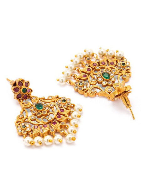 Gold Plated Ruby & Emerald Studded Flower Design Drop Earrings with Pearl Drops VitansEthnics