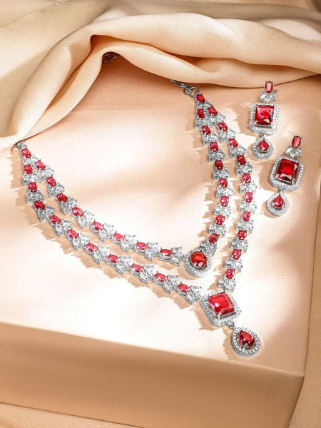 Rhodium-Plated Cubic Zirconia Studded Luxe Layered Jewellery Set VitansEthnics
