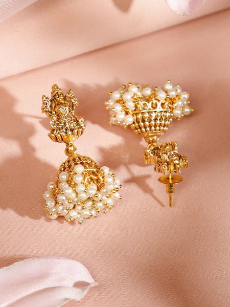 Gold Plated Divine Lakshmi Temple Jewelry Set with White Pearl Bead VitansEthnics