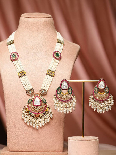 Women Gold-Plated Kundan & Glossy Pearls Beaded Multi-Strand Jewellery Set VitansEthnics