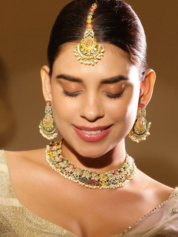 Women Gold-Plated Multicolor Kundan & Pearl Beaded Choker Necklace Set VitansEthnics