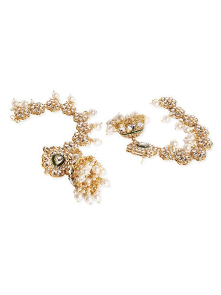 Gold Plated Kundan Crystal Kan Chain Earrings with Pearls & Green Enamel Detail VitansEthnics