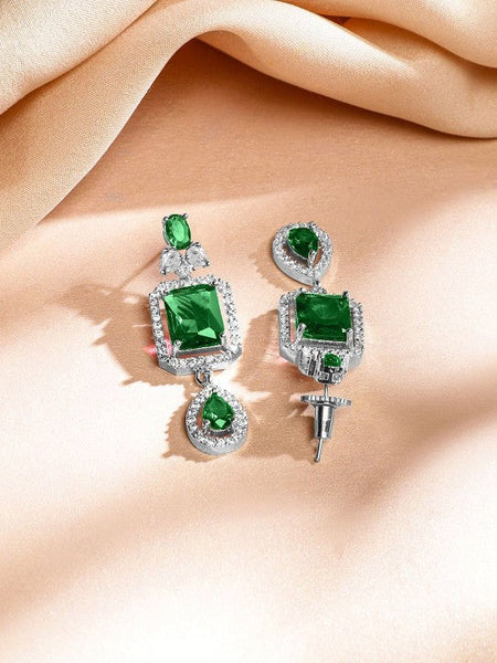 Rhodium-Plated Emerald Green & White Cubic Zirconia Studded Luxe Layer Necklace Set VitansEthnics