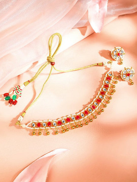 Gold Plated Ruby Pink & White Kundan Stone Choker Set with Gold Beaded Detailing VitansEthnics