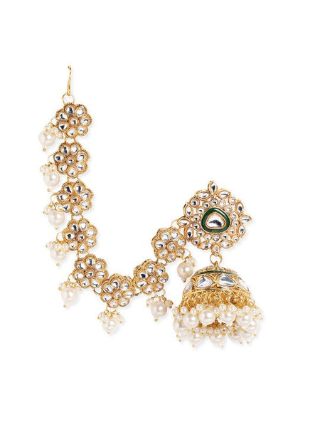 Gold Plated Kundan Crystal Kan Chain Earrings with Pearls & Green Enamel Detail VitansEthnics