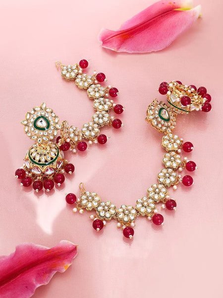 Gold-Plated Kundan Kan Chain Earrings with Red Beads & Green Enamel Detailing VitansEthnics