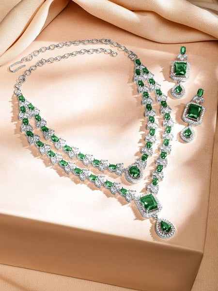 Rhodium-Plated Emerald Green & White Cubic Zirconia Studded Luxe Layer Necklace Set VitansEthnics