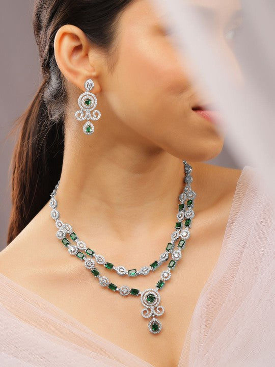 Rhodium-Plated Emerald Green & White Cubic Zirconia Double Layer Luxe Jewellery Set VitansEthnics