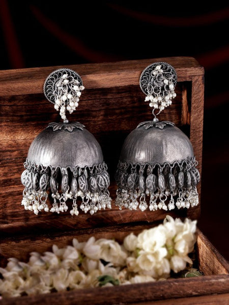 Oxidised Silver-Plated Antique Black & White Pearl Beaded Dome-Shaped Big Jhumkas VitansEthnics