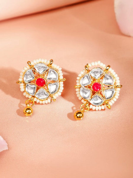 Gold Plated Ruby Pink & White Kundan Stone Choker Set with Gold Beaded Detailing VitansEthnics