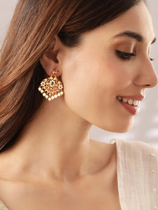 Gold Plated Ruby & Emerald Studded Flower Design Drop Earrings with Pearl Drops VitansEthnics