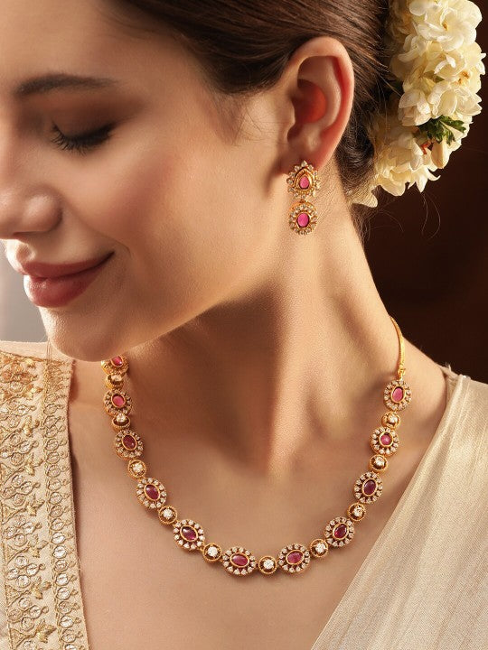 Gold Plated Stone Studded Necklace With Earrings Jewelry Set VitansEthnics