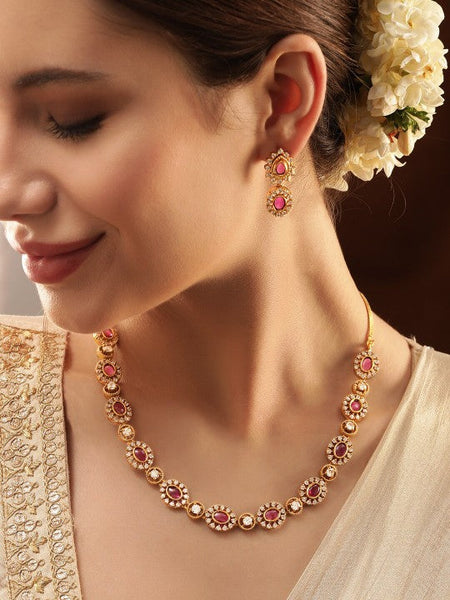 Gold Plated Stone Studded Necklace With Earrings Jewelry Set VitansEthnics
