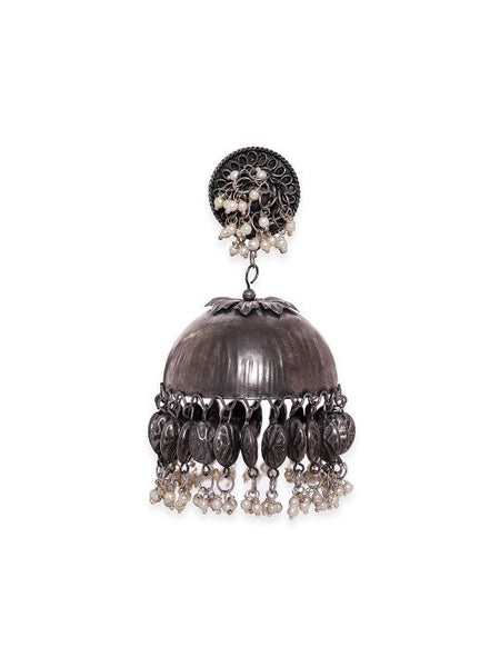 Oxidised Silver-Plated Antique Black & White Pearl Beaded Dome-Shaped Big Jhumkas VitansEthnics