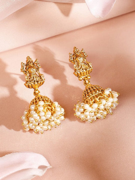 Gold Plated Divine Lakshmi Temple Jewelry Set with White Pearl Bead VitansEthnics