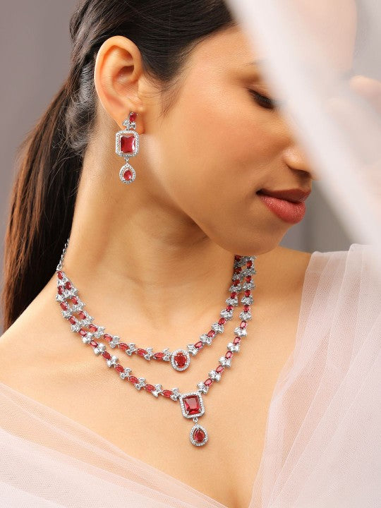 Rhodium-Plated Cubic Zirconia Studded Luxe Layered Jewellery Set VitansEthnics